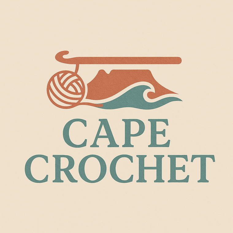 Logo of Cape Crochet with a crochet hook and yarn ball on a pink background