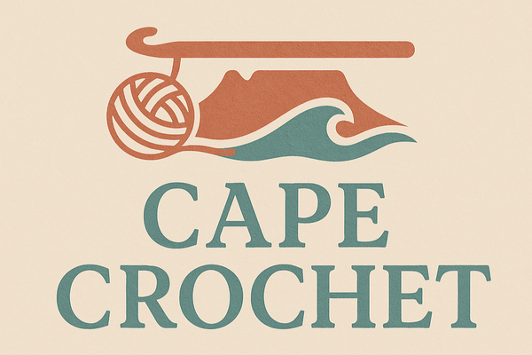 Logo of Cape Crochet with a crochet hook and yarn ball on a pink background